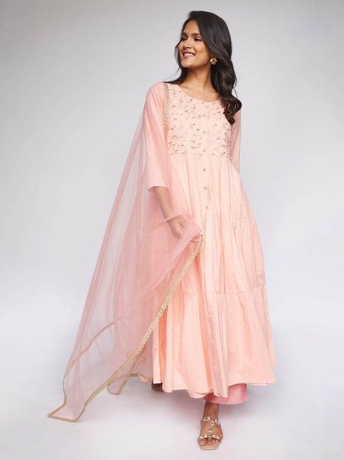 itse peach embroidered kurta with palazzos