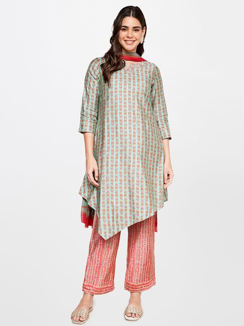 itse teal printed kurta with pants & dupatta