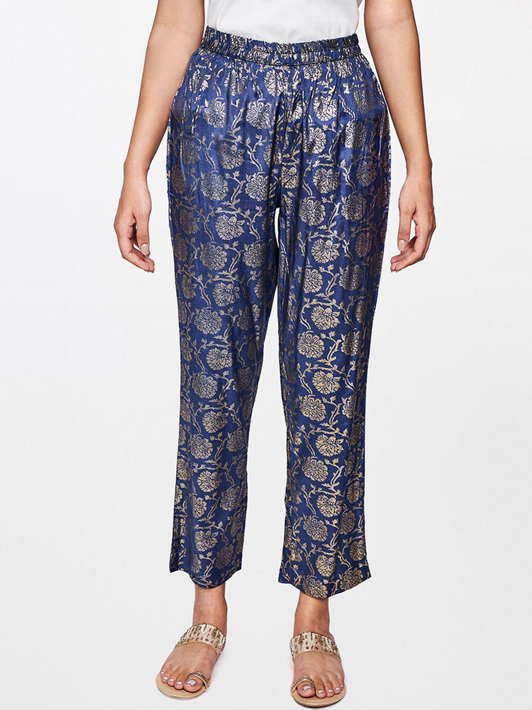 itse women blue floral printed comfort loose fit trousers