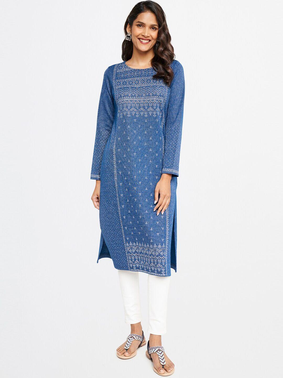 itse women blue geometric printed straight fit kurta