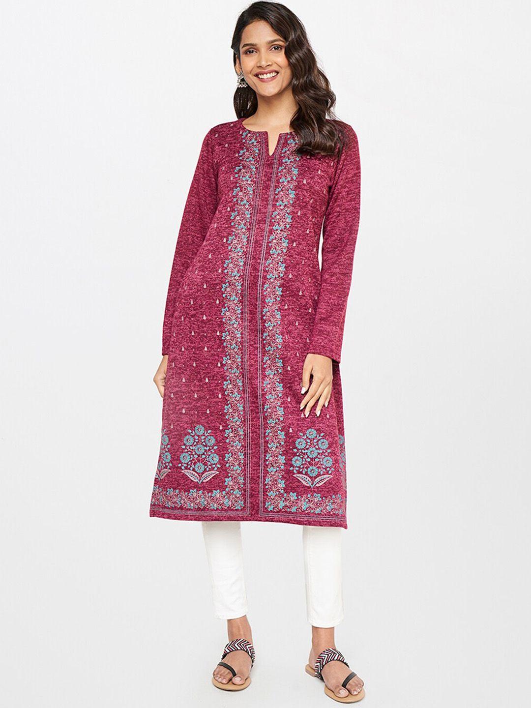 itse women magenta ethnic motifs printed straight fit kurta