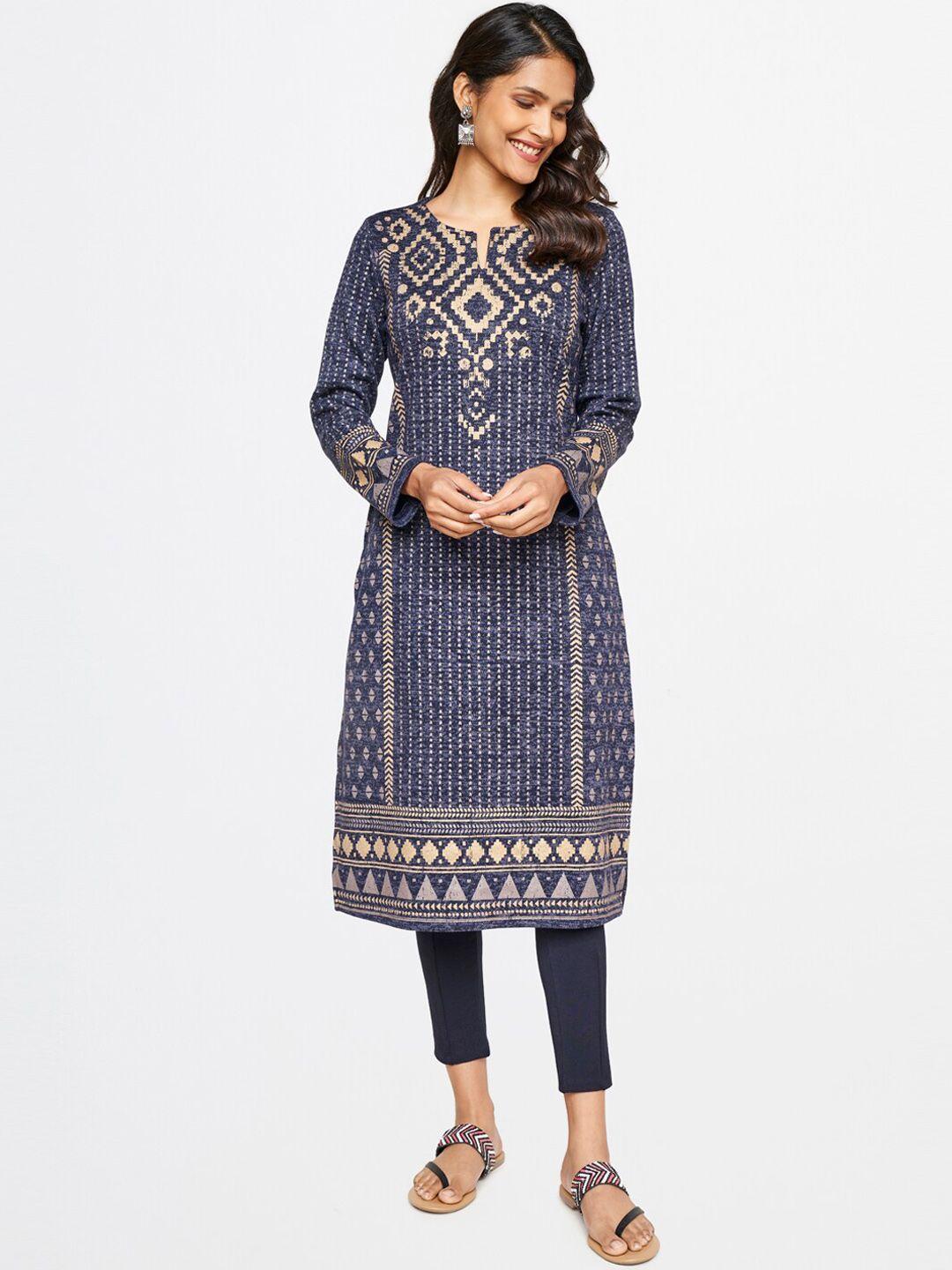 itse women navy blue geometric printed straight fit kurta