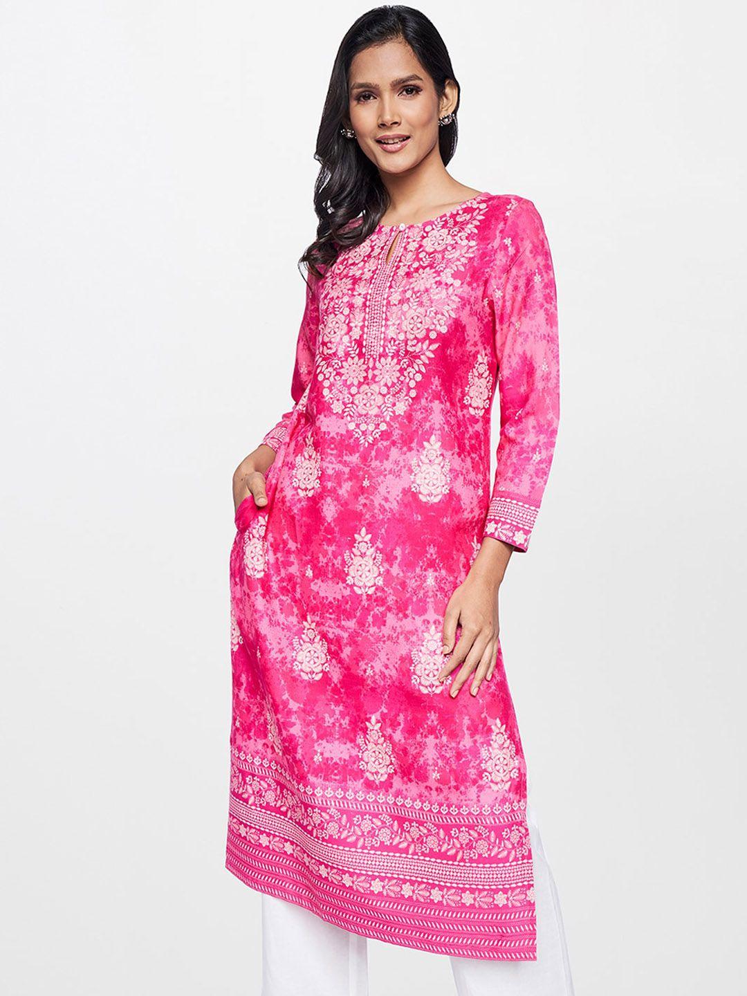 itse women pink & white floral printed thread work straight kurta