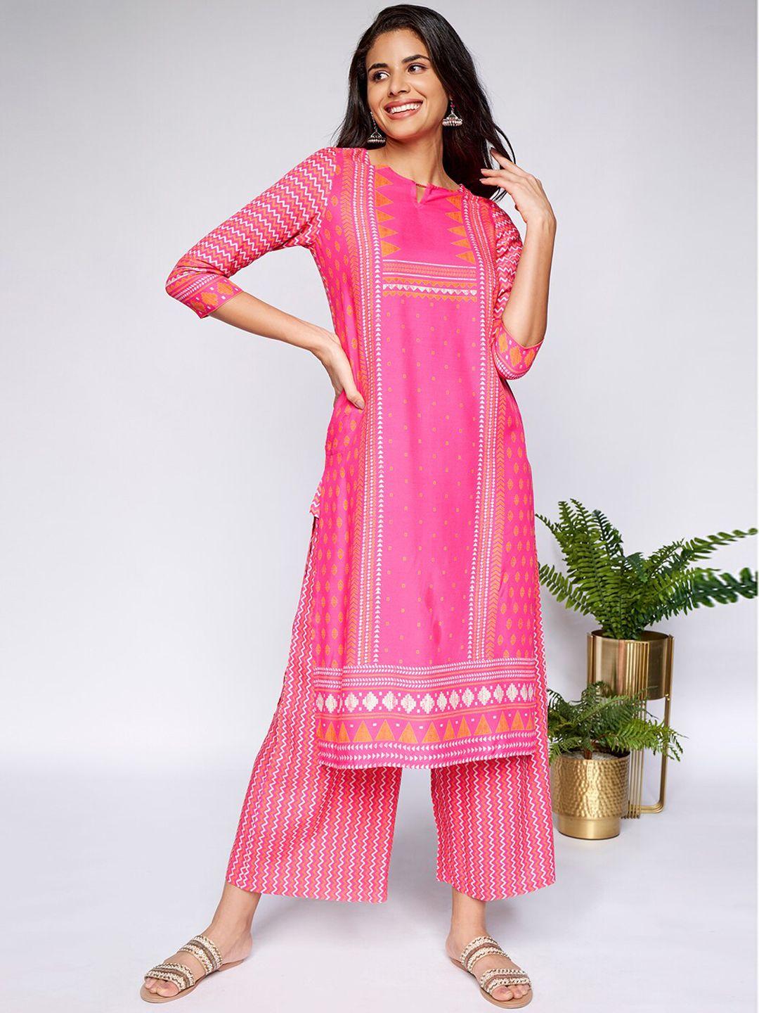 itse women pink & white geometric printed keyhole neck kurta