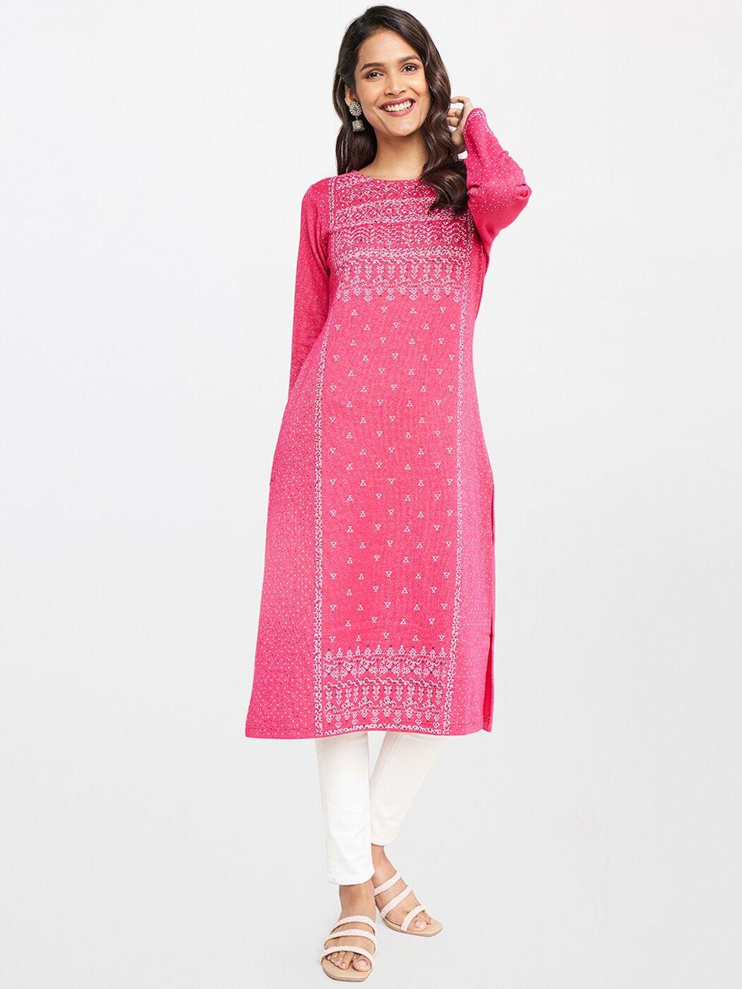 itse women pink geometric printed straight fit kurta