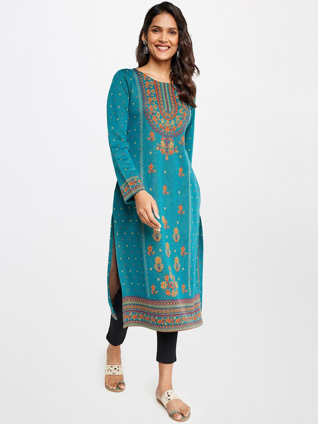 itse women sea green ethnic motifs printed straight fit kurta