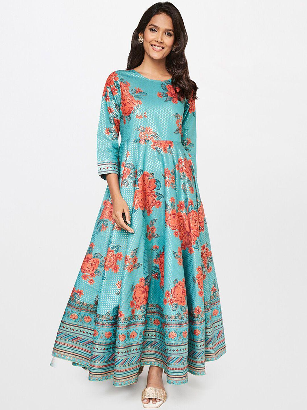 itse women teal & orange floral printed floral anarkali kurta