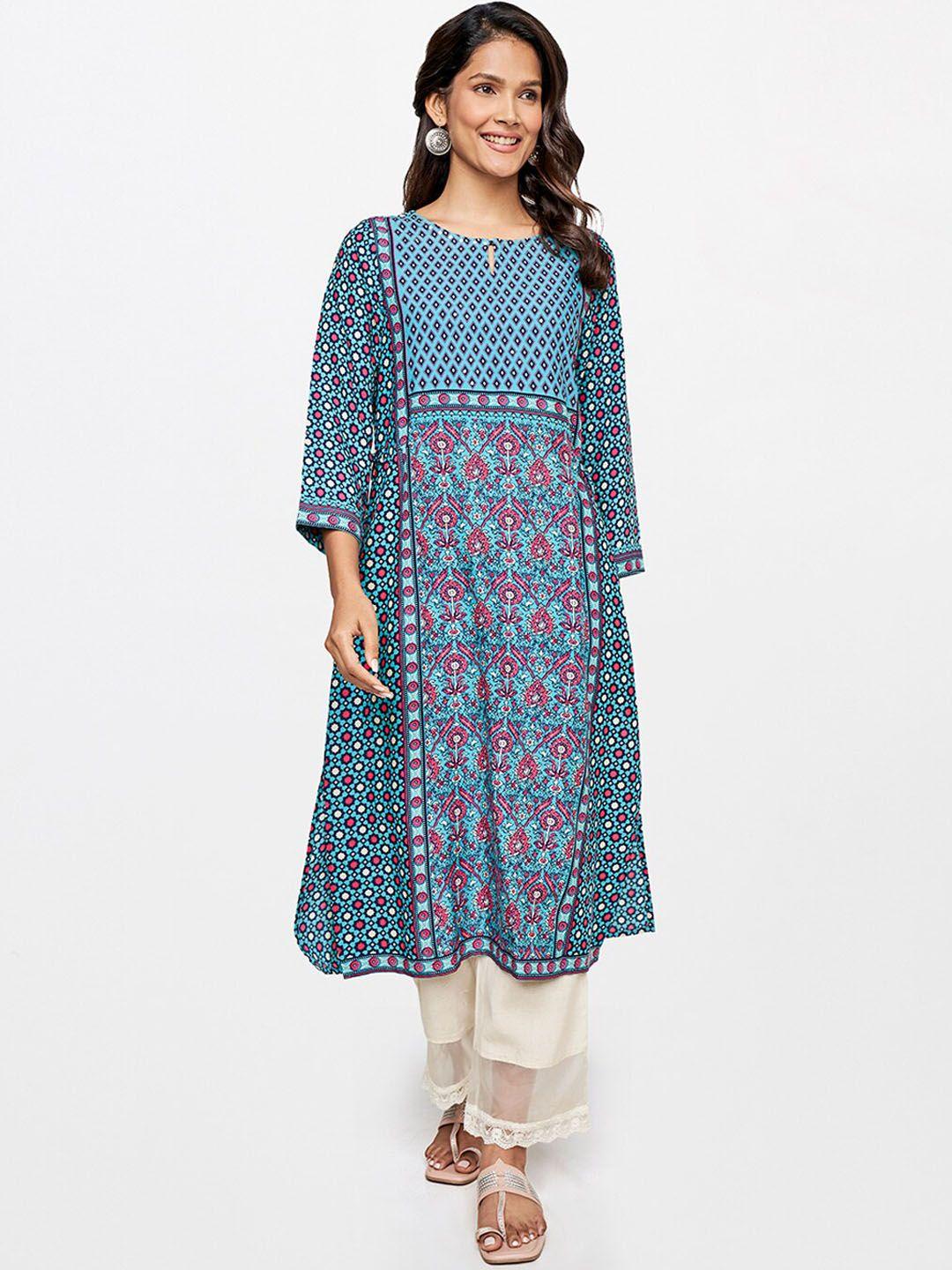 itse women turquoise blue geometric print empire kurta