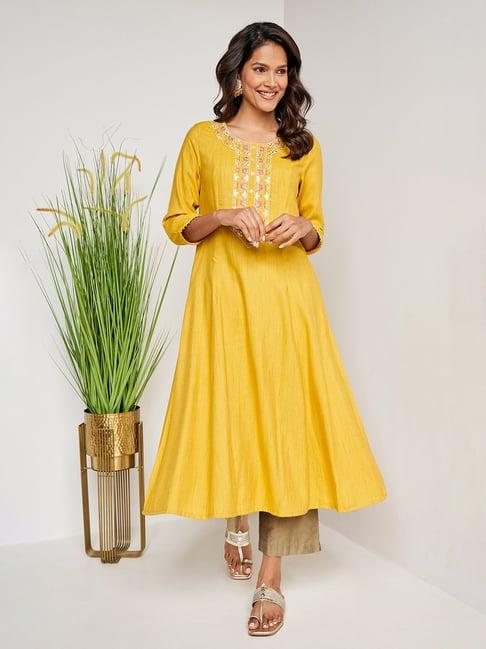 itse yellow embroidered fit & flare kurta