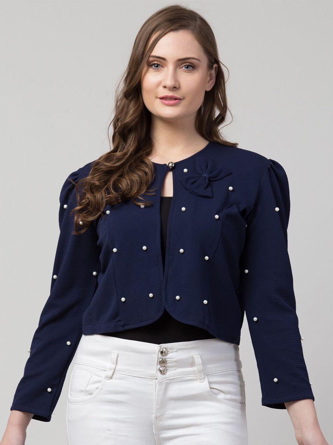 iuga women blue & white embellished crop button shrug