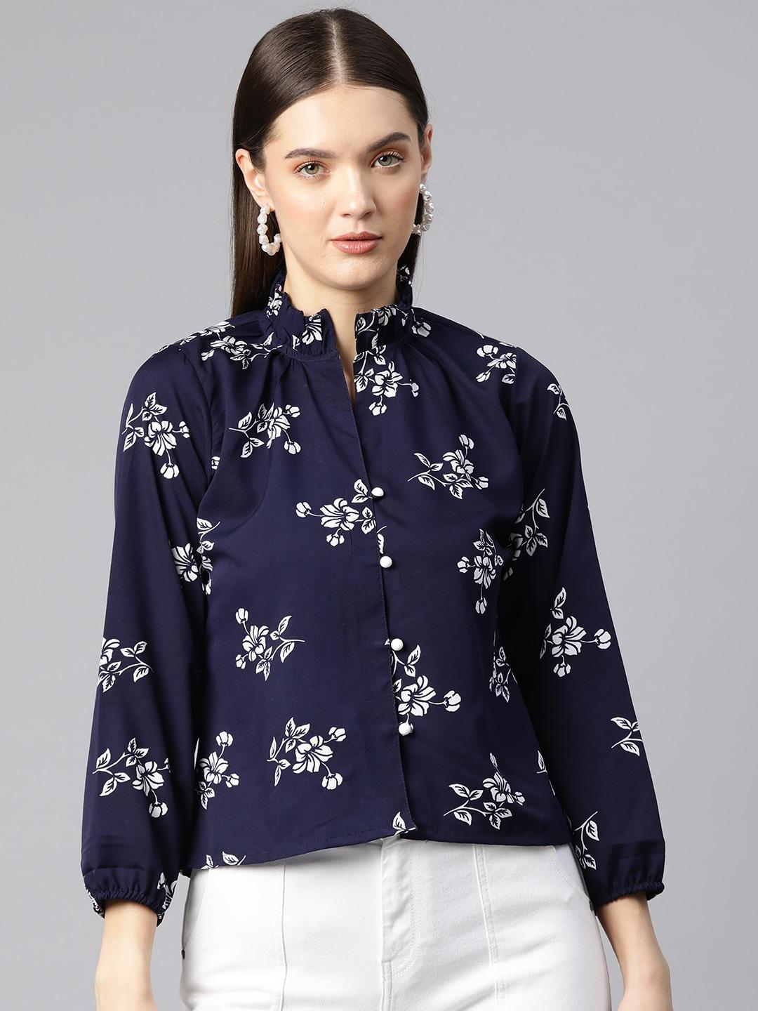 ives floral print puff sleeves high neck crepe top