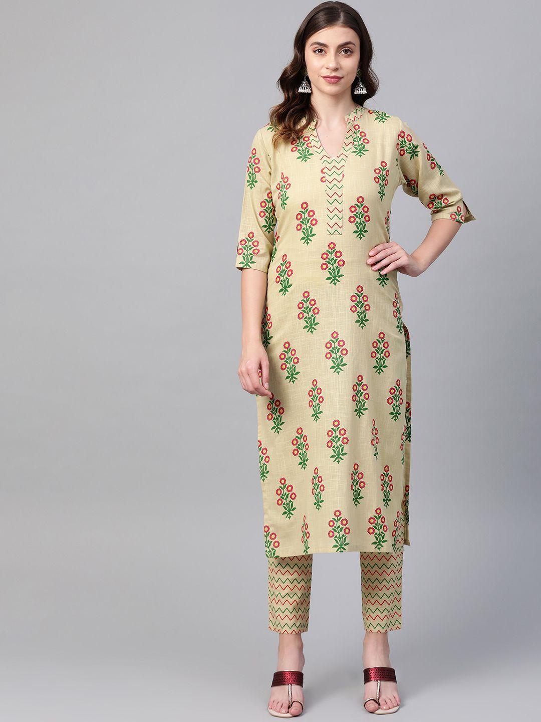 ives women beige & green printed kurta with trousers