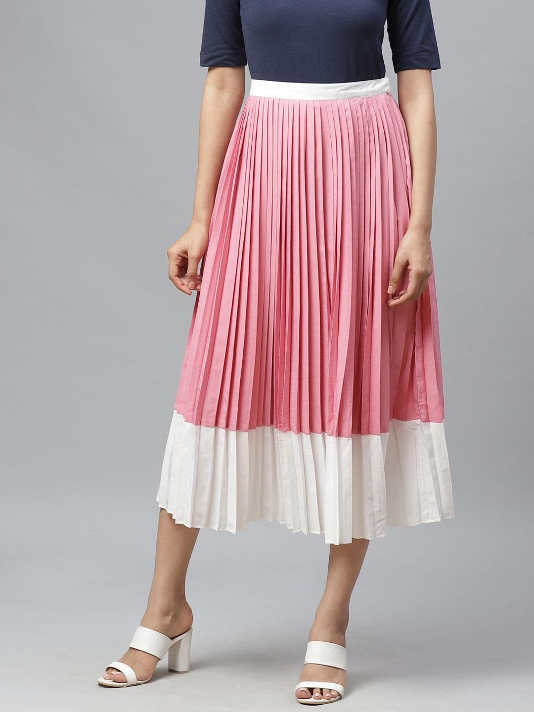 ives women pink & white colourblocked accordion pleated flared skirt