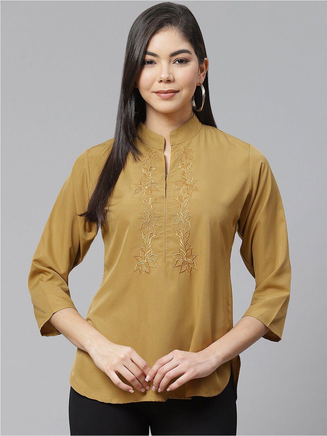 ives floral embroidered mandarin collar crepe top