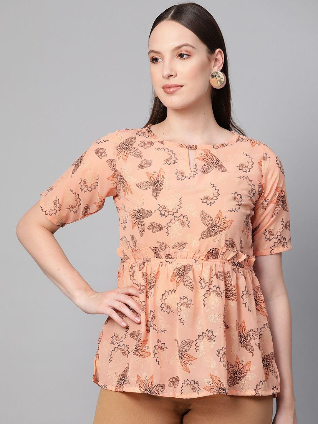 ives floral print keyhole neck georgette cinched waist top