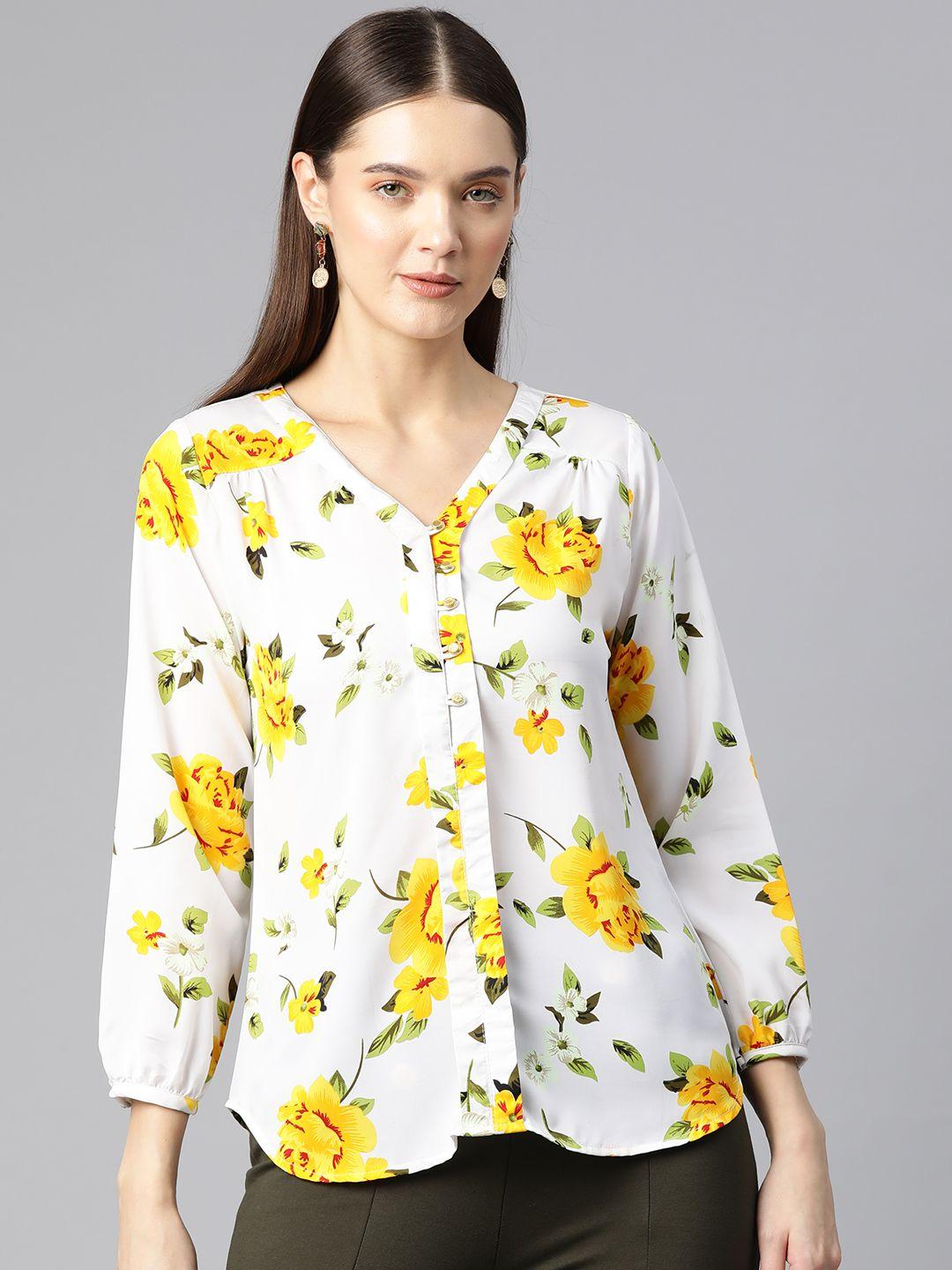 ives floral print puff sleeves crepe shirt style top