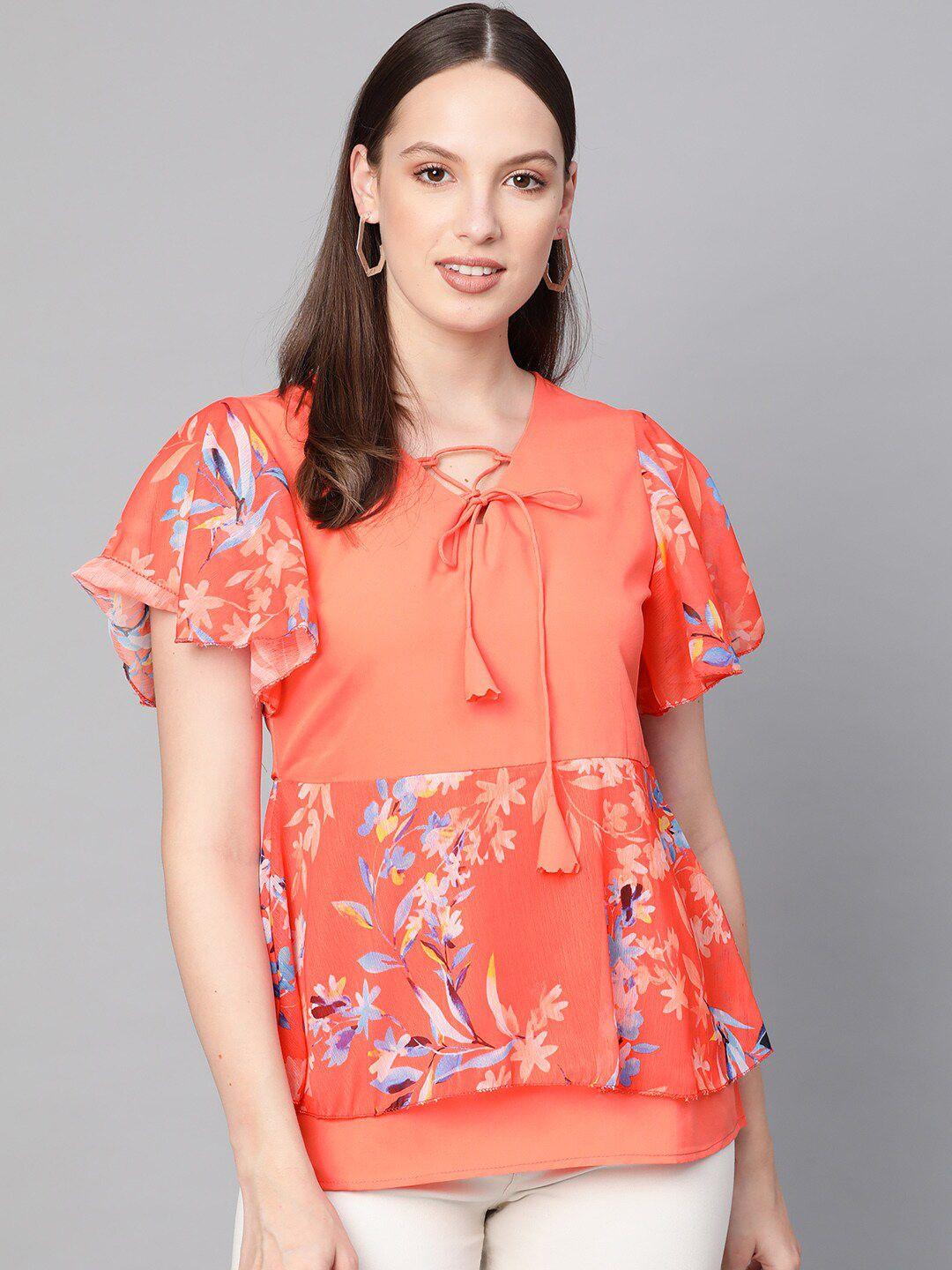 ives floral print tie-up neck layered crepe top