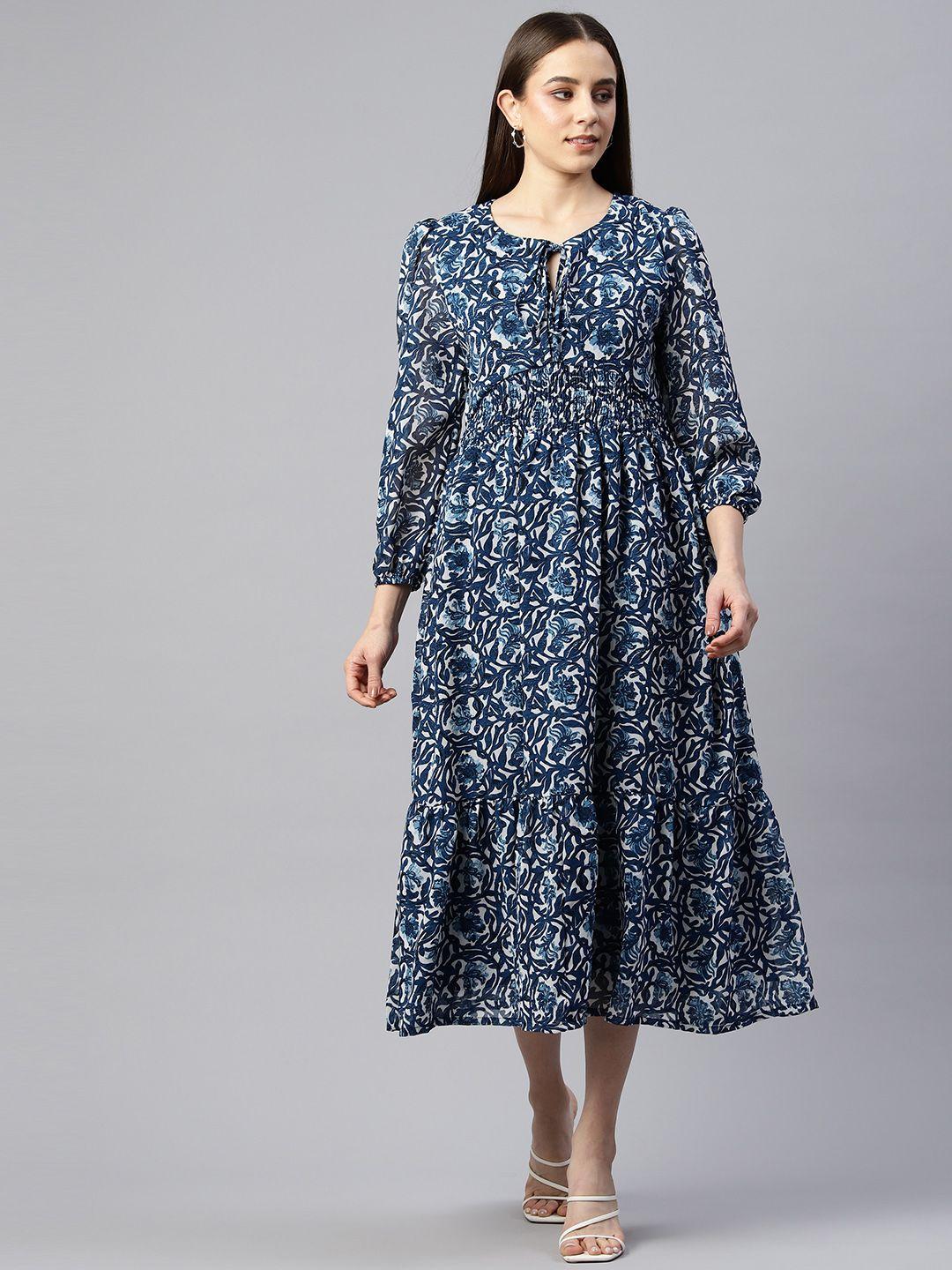 ives floral print tie-up neck puff sleeve georgette fit & flare midi dress