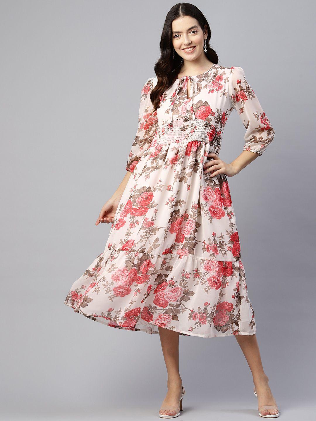 ives floral print tie-up neck puff sleeve georgette fit & flare midi dress