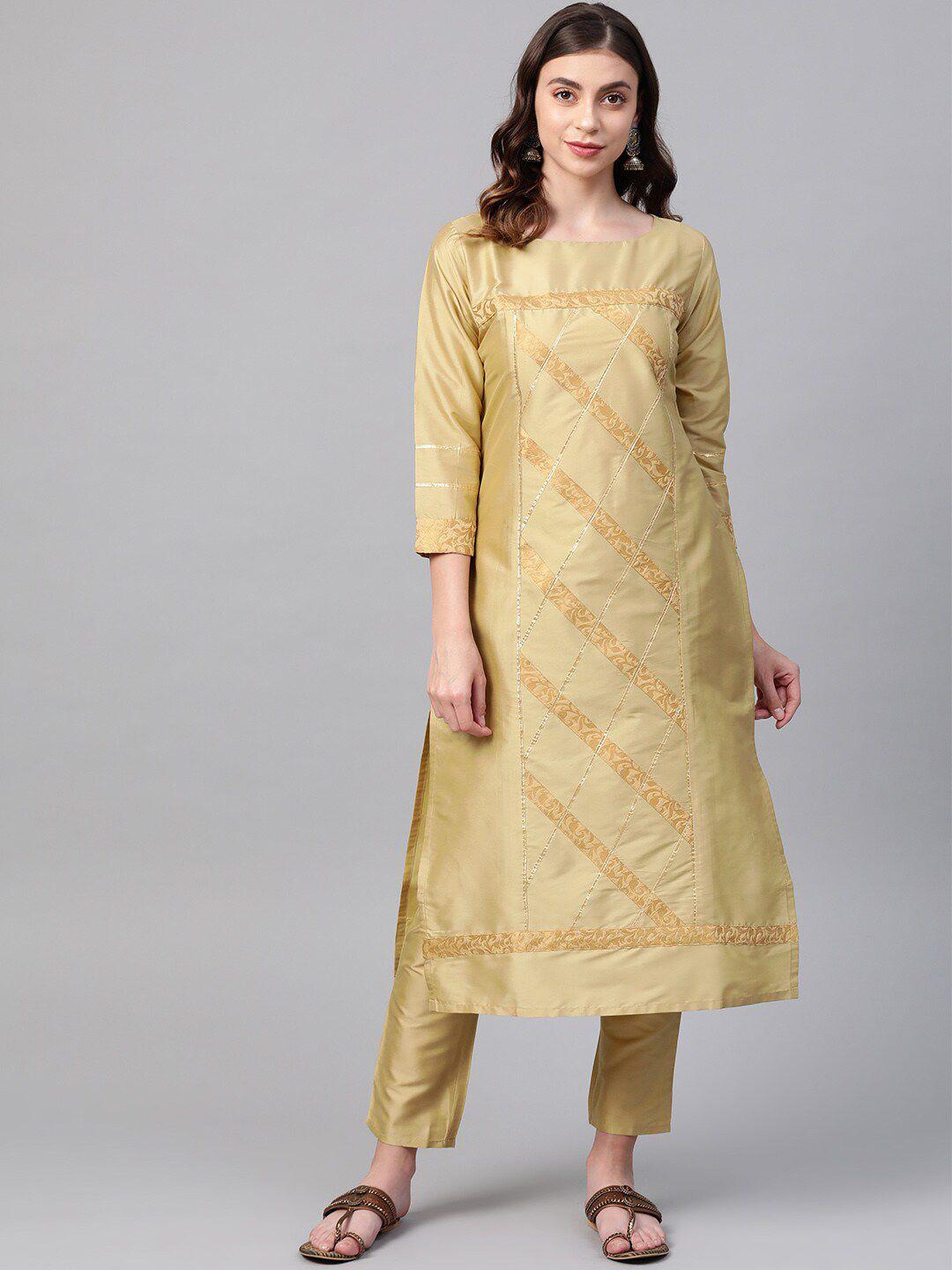 ives women beige ethnic motifs printed kurta with trousers