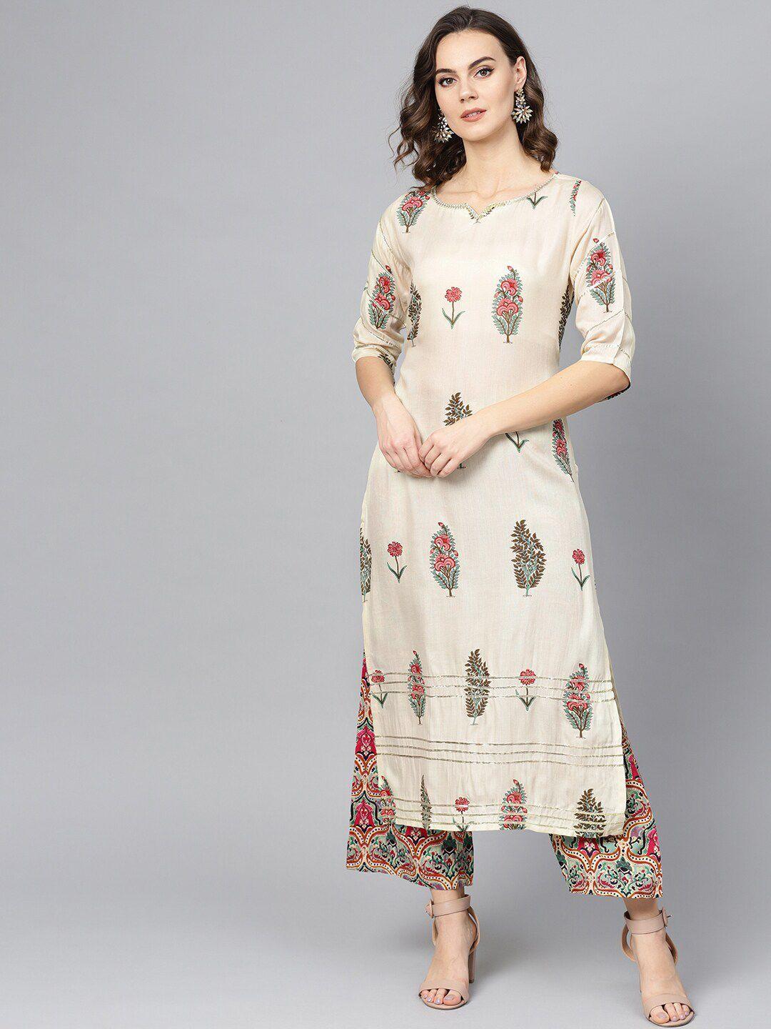 ives women beige floral printed kurta with palazzos