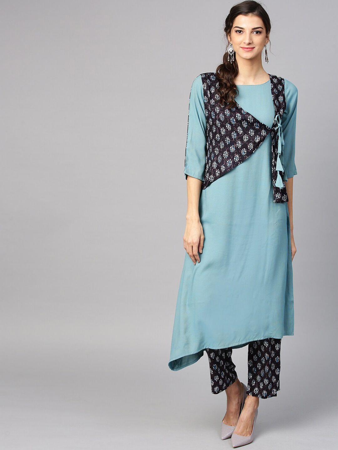 ives women blue ethnic motifs printed kurta with trousers