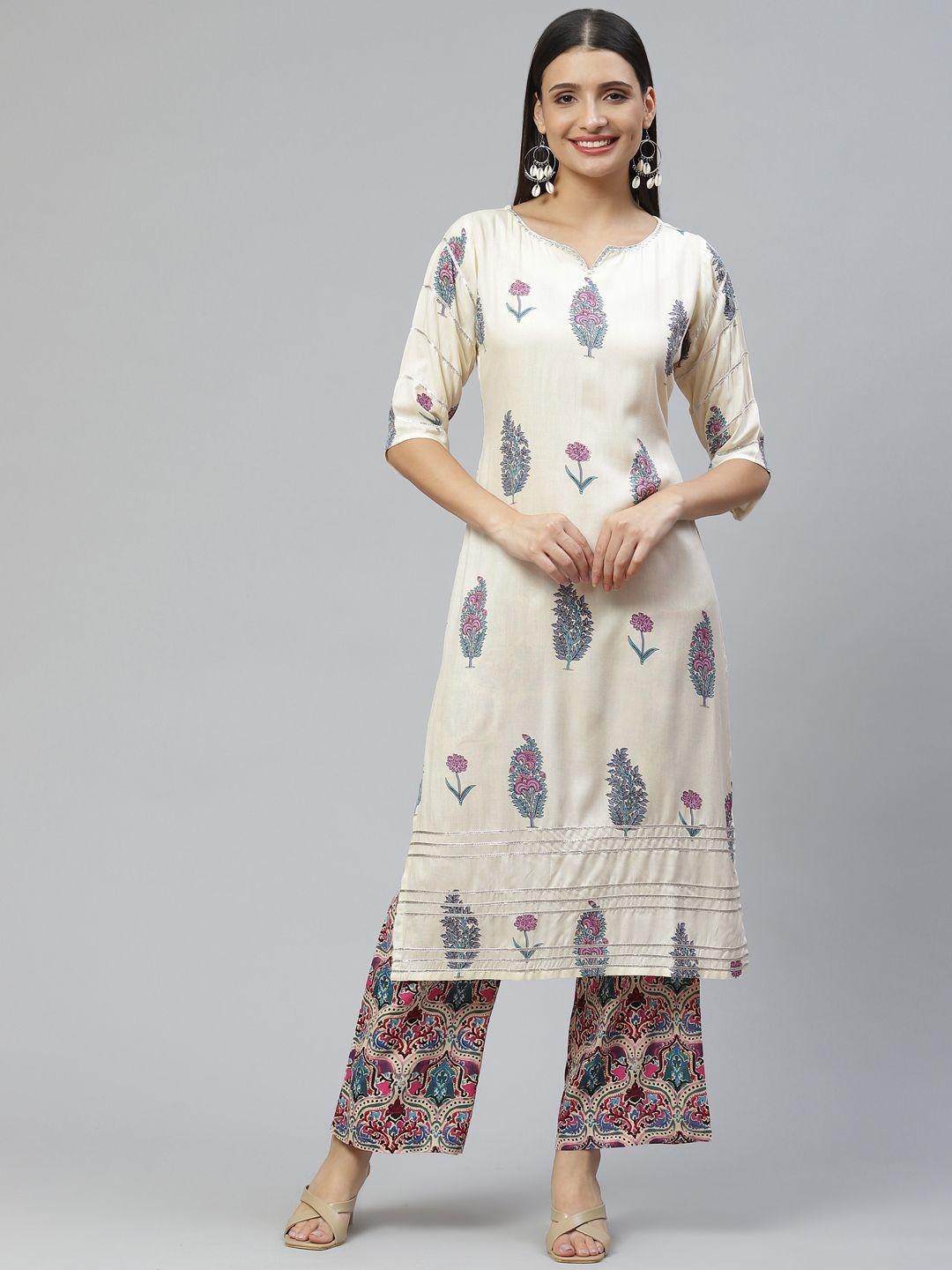 ives women cream-coloured ethnic motifs printed kurta with palazzos