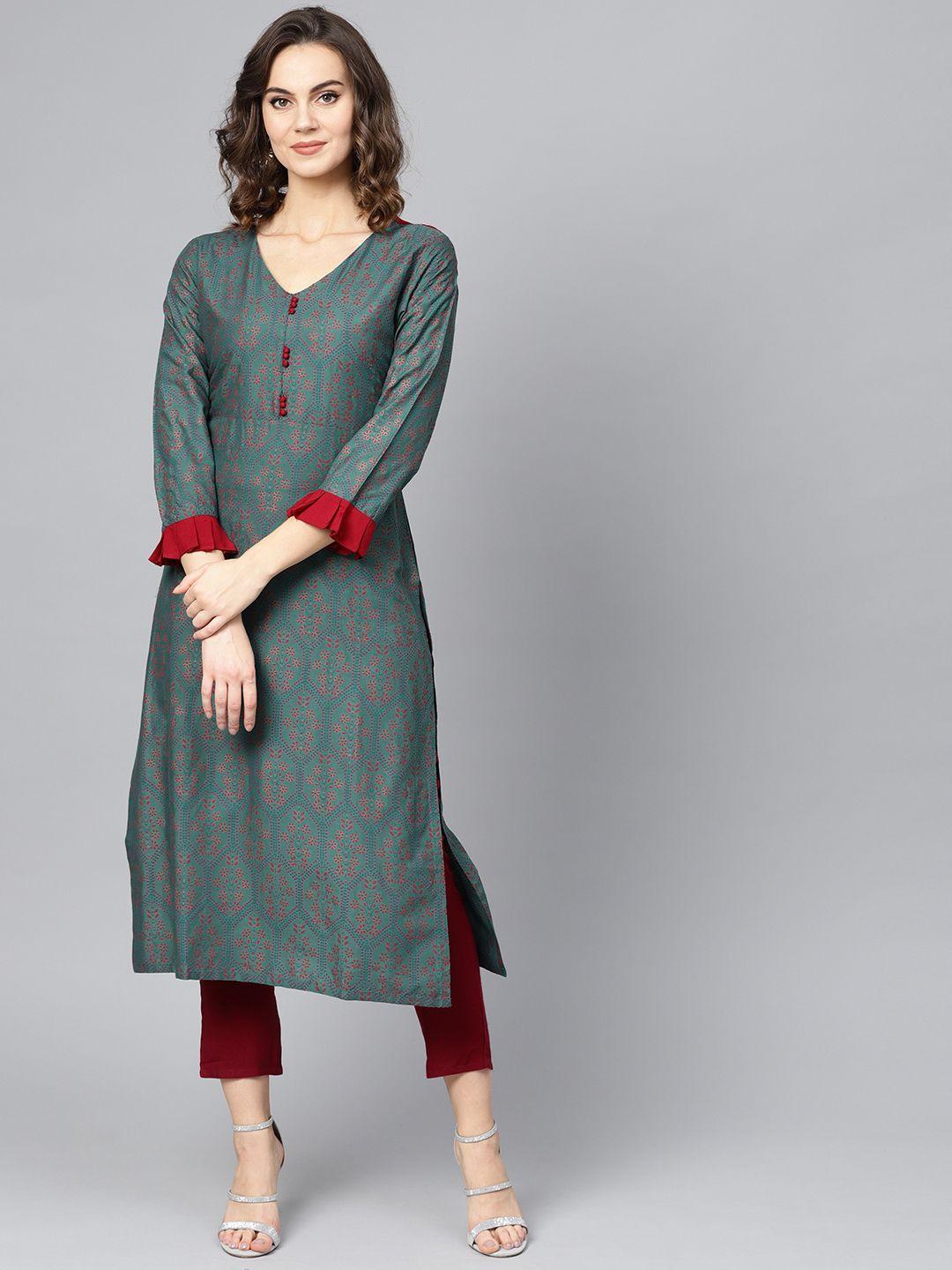 ives women green & maroon printed kurta with trousers