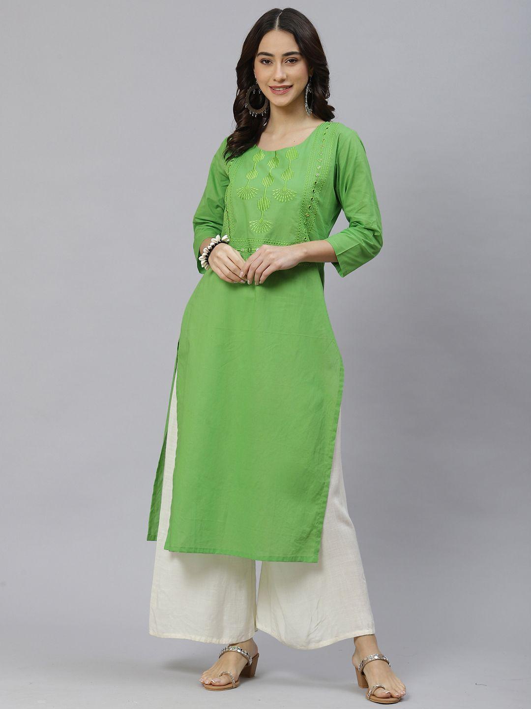 ives women green ethnic motifs embroidered kurta