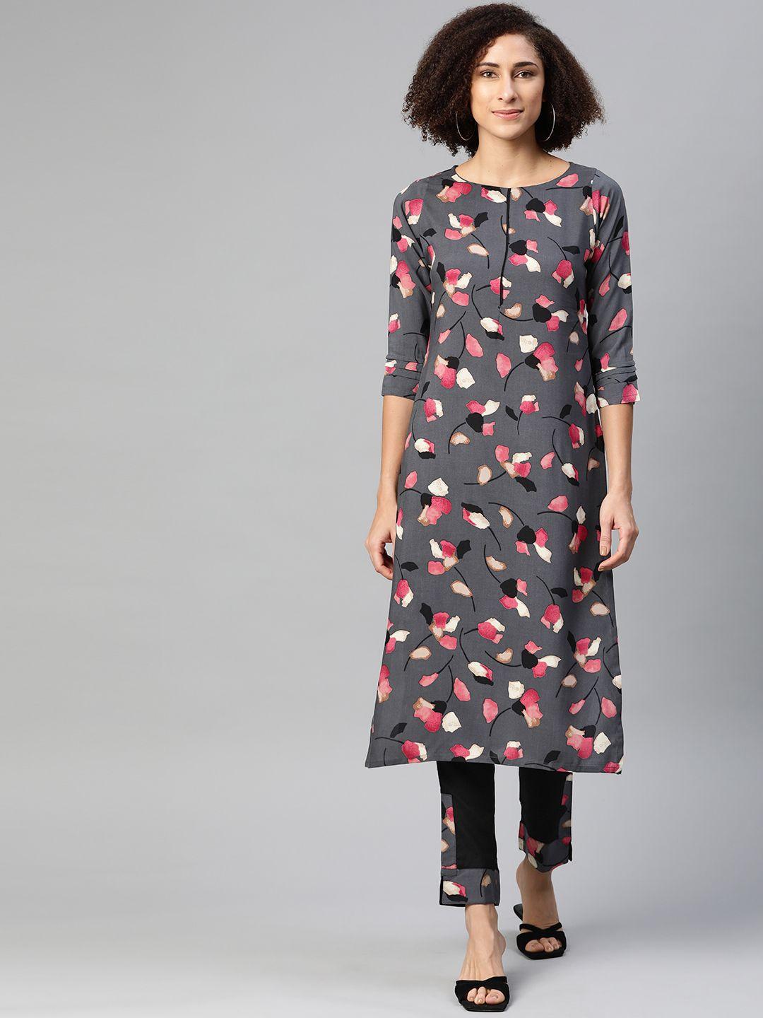 ives women grey & pink floral printed straight kurta with trousers