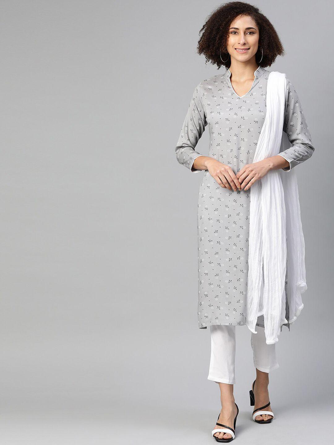 ives women grey floral printed kurta with trousers & dupatta