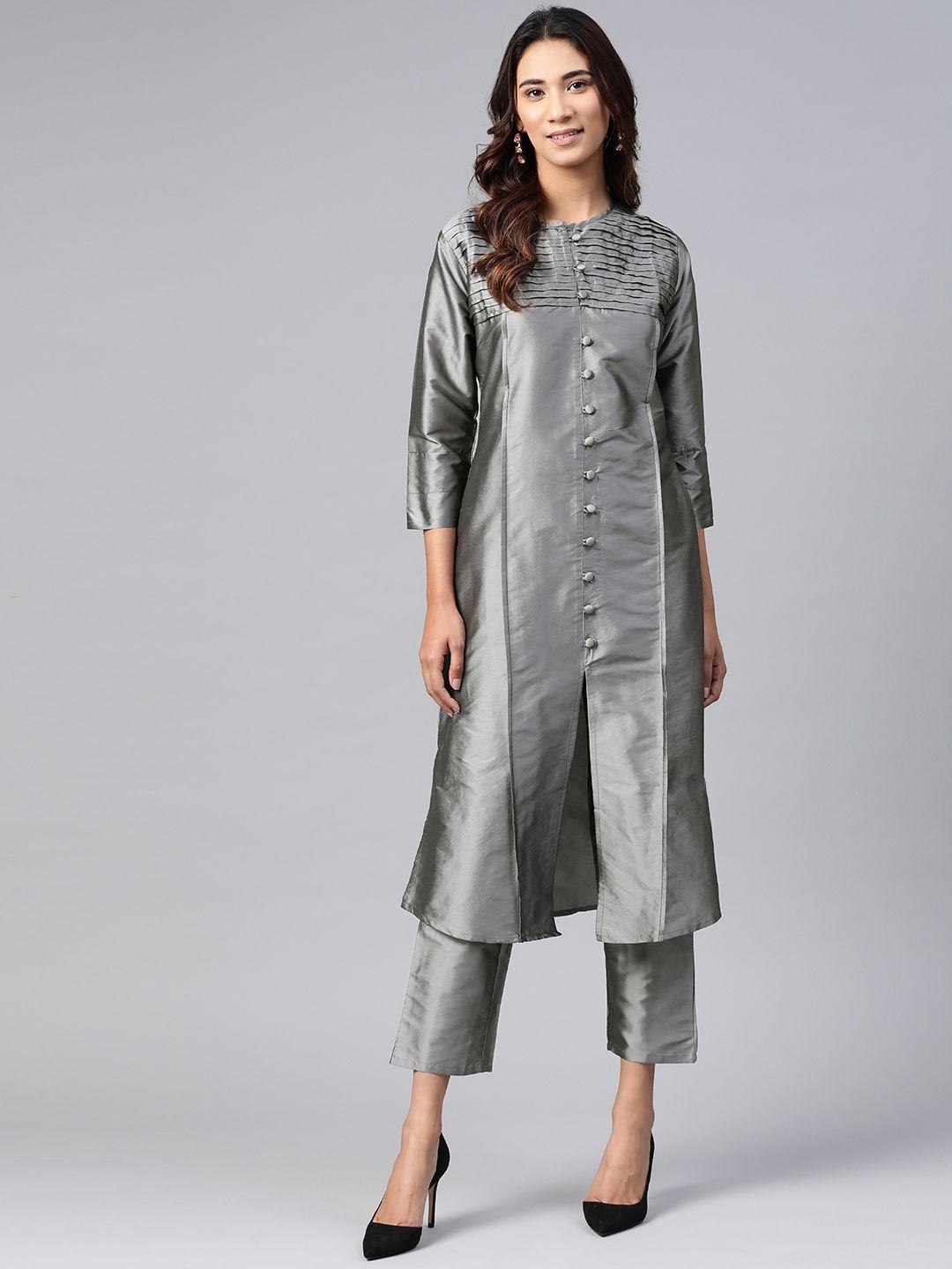 ives women grey solid kurta with trousers with sheen effect