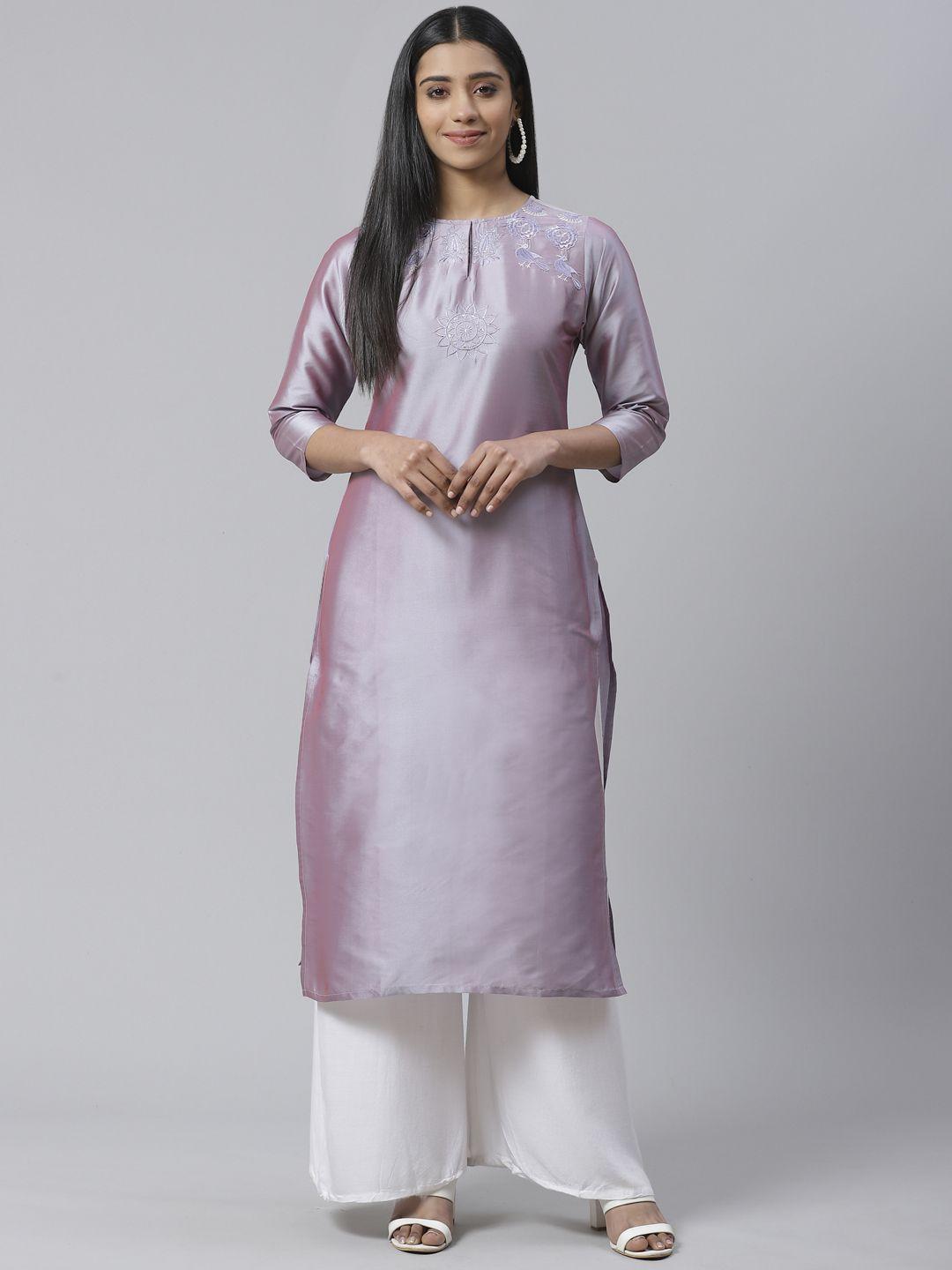 ives women lavender ethnic motifs yoke embroidery straight kurta