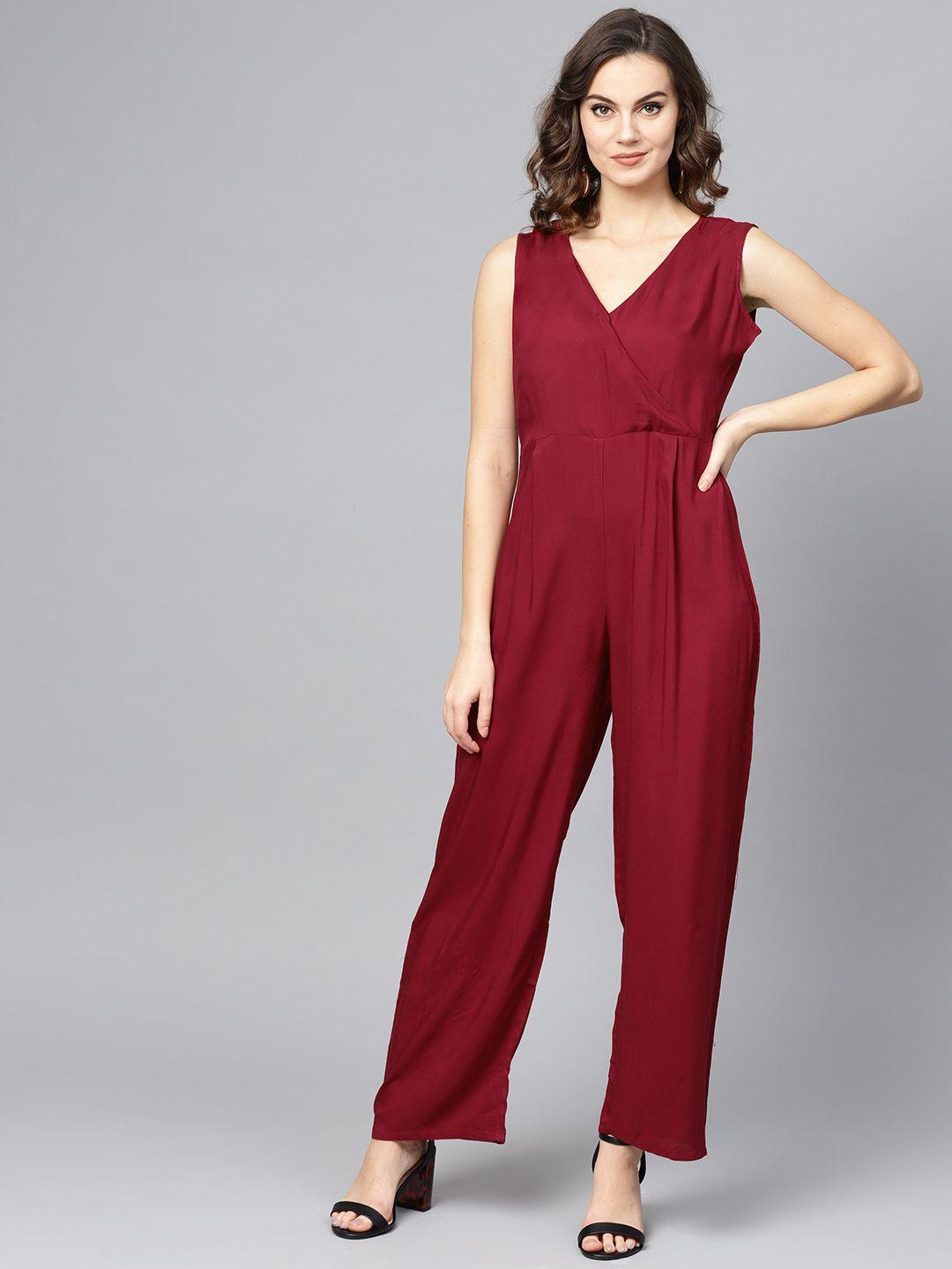 ives women maroon solid basic jumpsuit