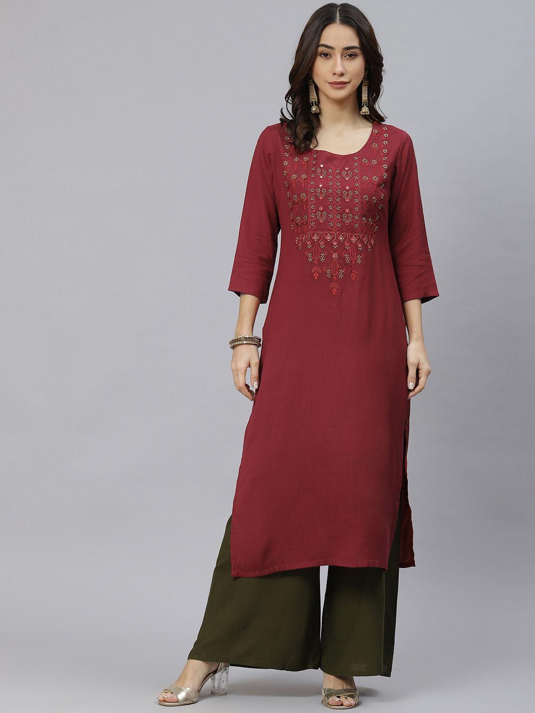 ives women maroon yoke design mirror work kurta