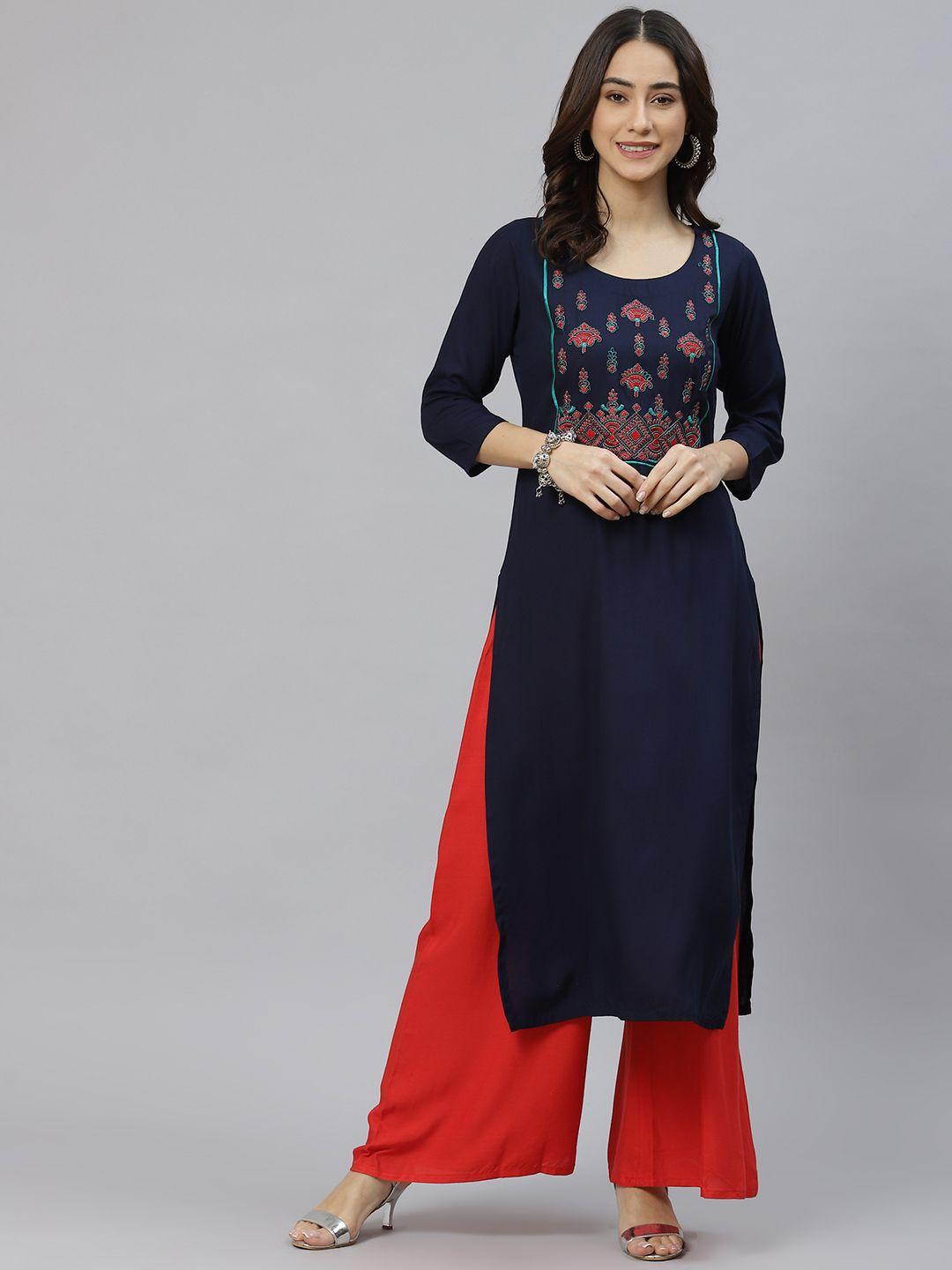 ives women navy blue ethnic motifs embroidered kurta