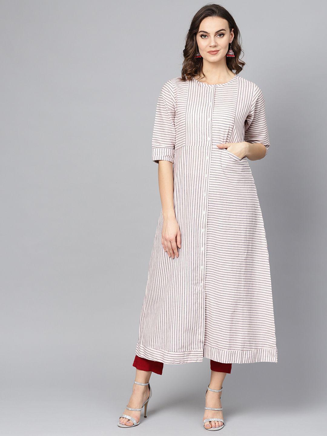 ives women off-white & blue striped a-line kurta