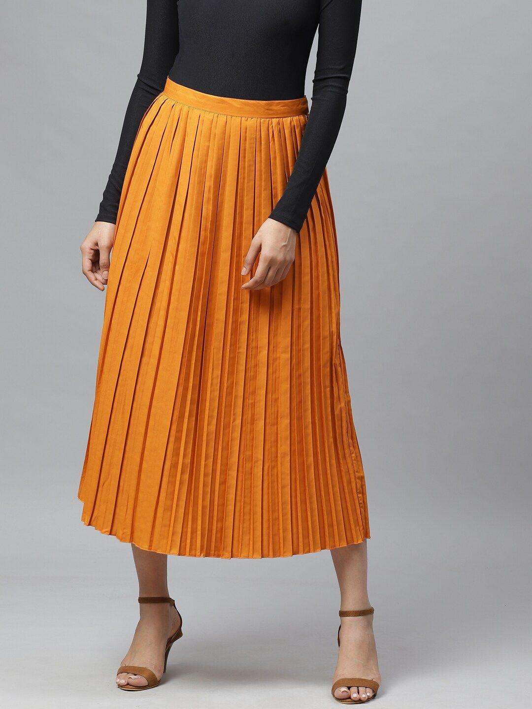 ives women orange solid accordion pleated flared skirt