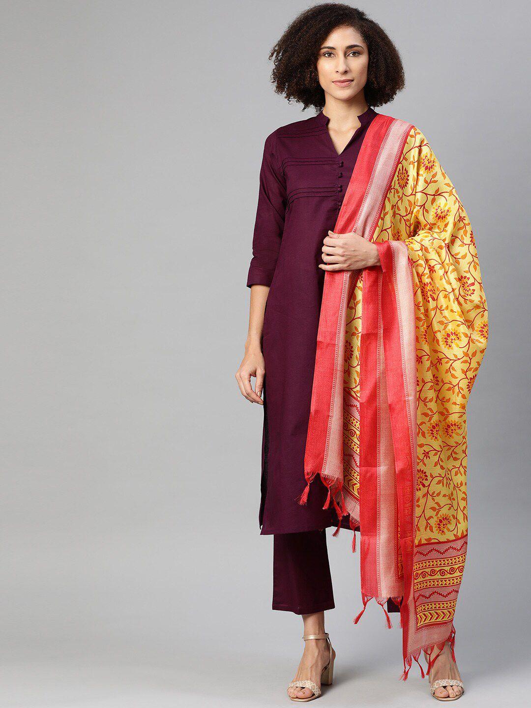 ives women purple pleated pure cotton kurta with trousers & dupatta