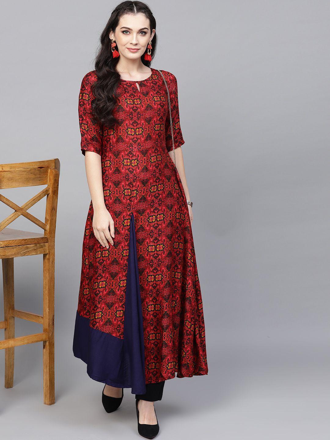 ives women red & navy blue printed a-line kurta