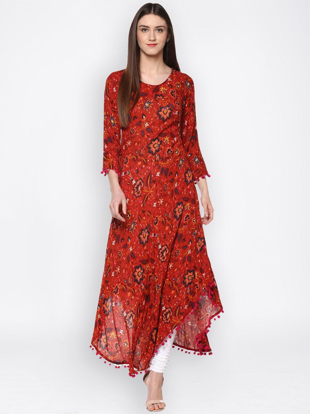 ives women rust printed asymmetric anarkali kurta