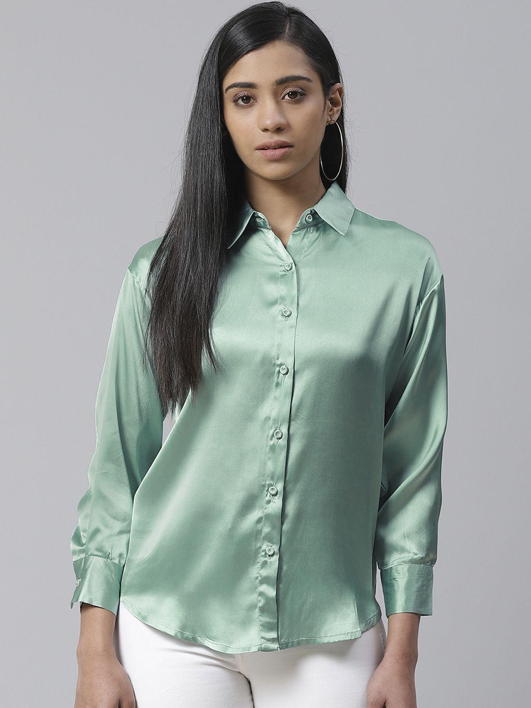 ives women sea green regular fit solid satin finish casual shirt