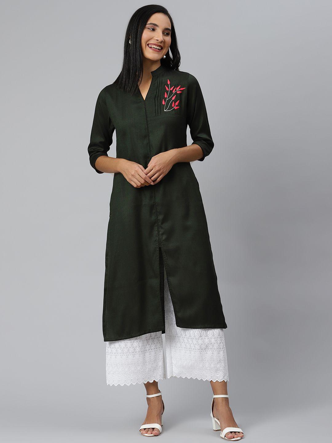 ives women teal green kurta with detail embroidery