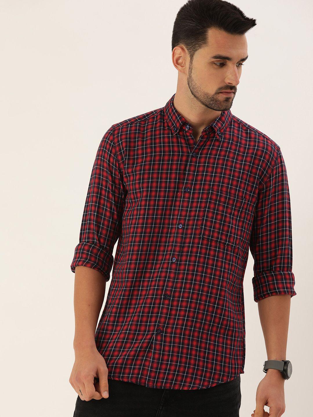 ivoc men maroon & navy blue cotton classic checked casual shirt