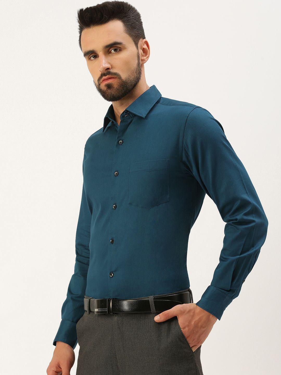 ivoc men teal blue solid cotton classic slim fit formal shirt
