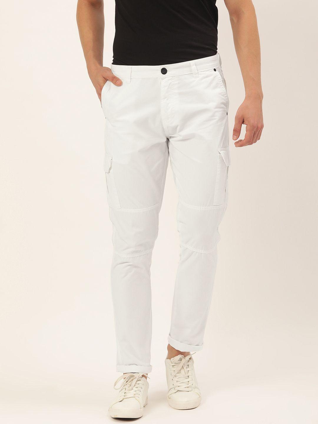 ivoc men white solid slim fit cargos trousers