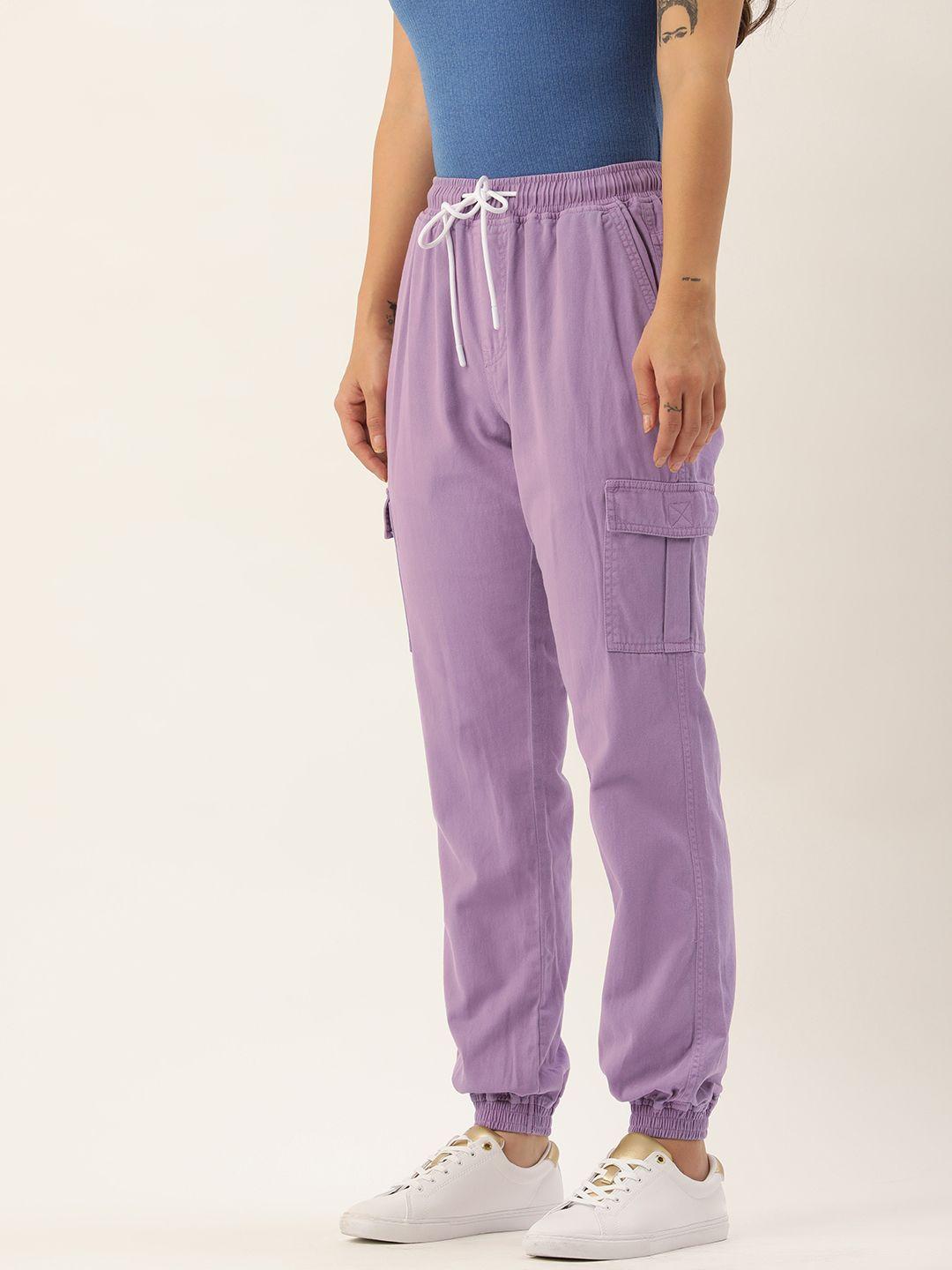 ivoc women lavender solid pure cotton cargos trousers