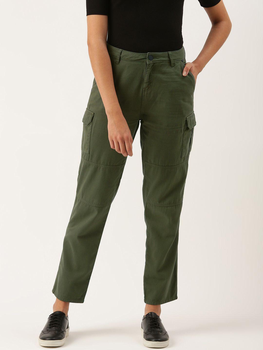 ivoc women olive green solid pure cotton mid-rise slim fit cargos trousers