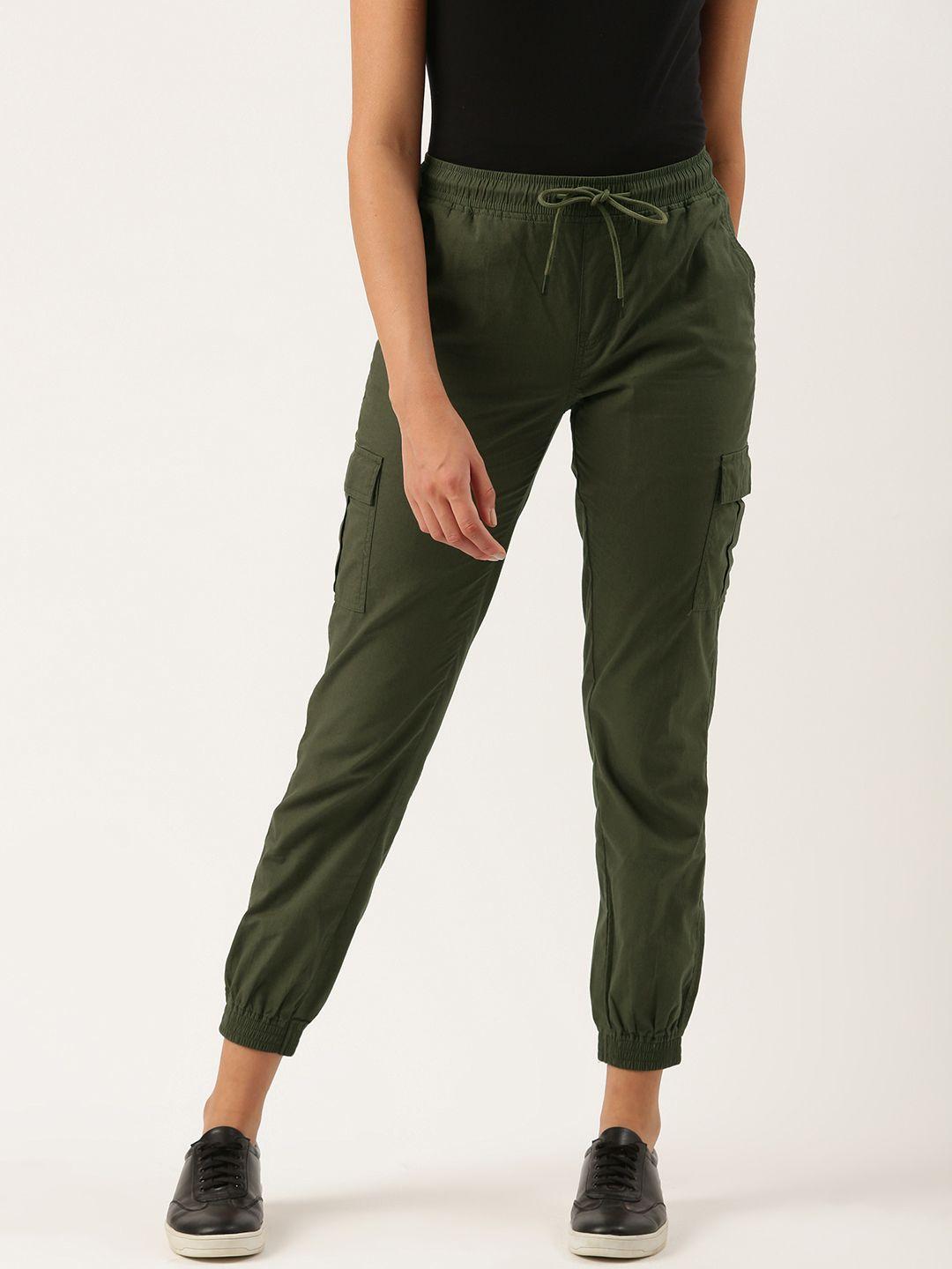 ivoc women olive green solid pure cotton regular fit mid-rise casual joggers