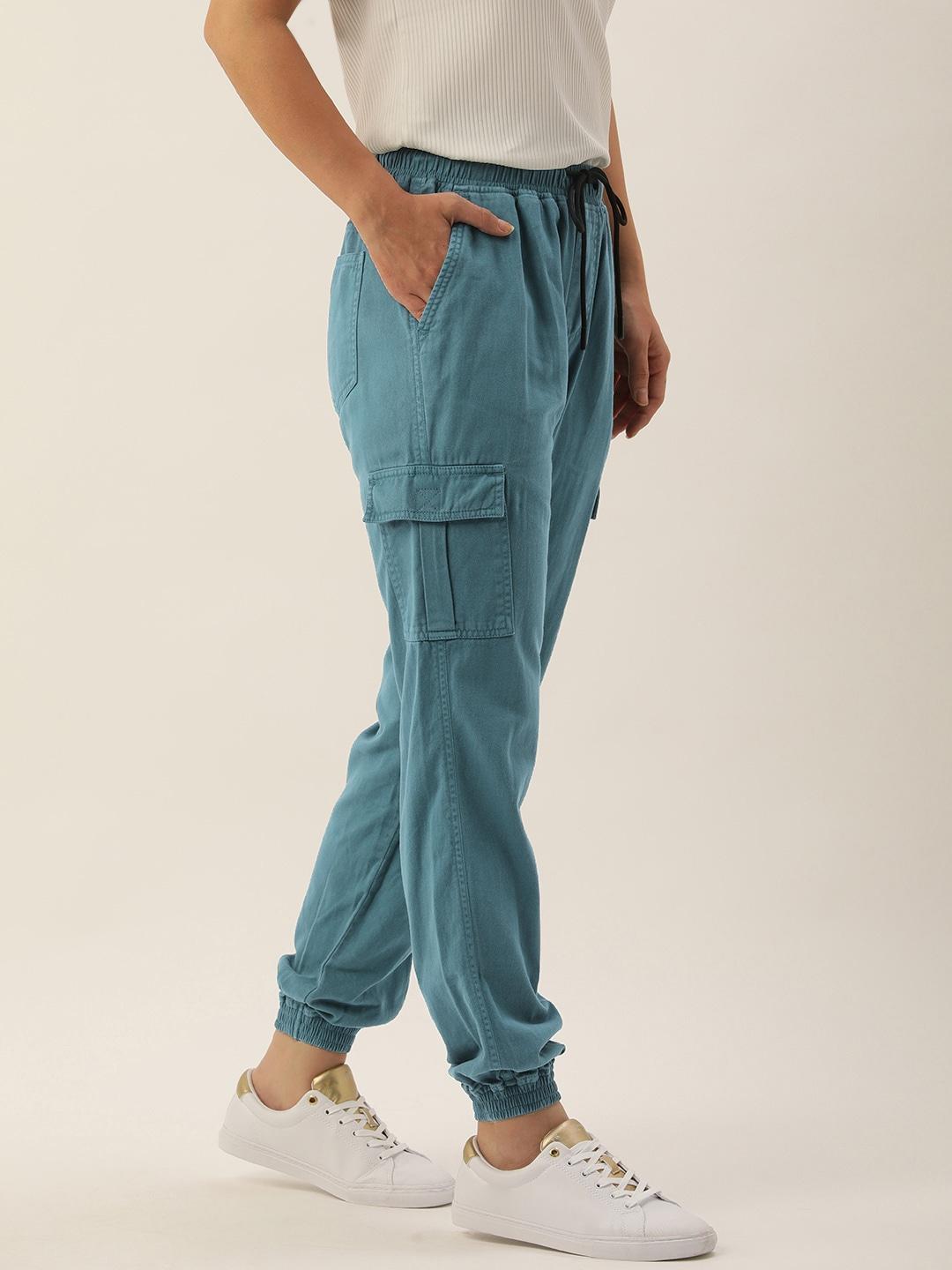 ivoc women teal blue solid pure cotton cargos trousers